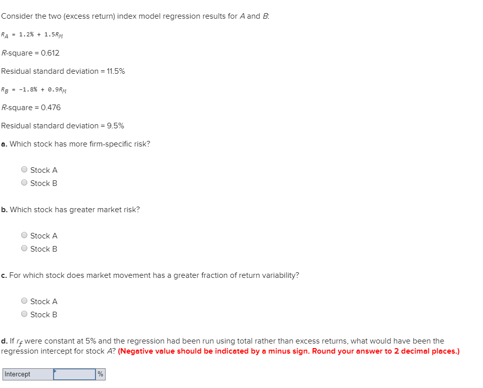 Consider the two (excess return) index model regression results for A