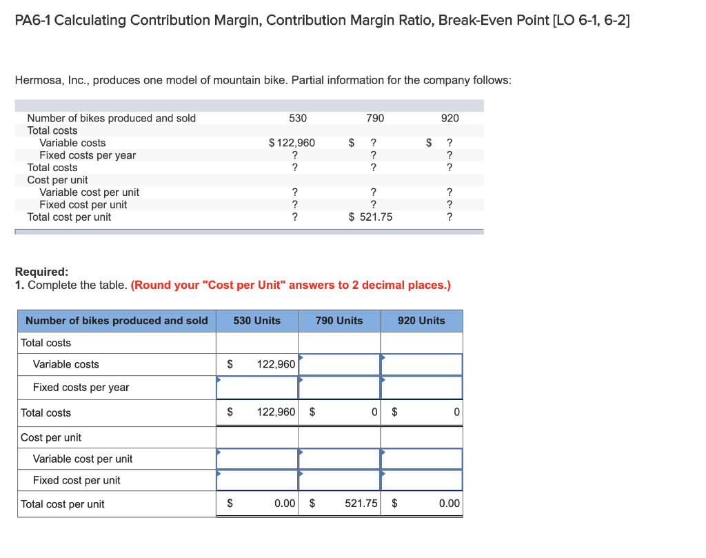  PA6-1 Calculating Contribution Margin, Contribution Margin Ratio, Break-Even Point [LO 6-1,