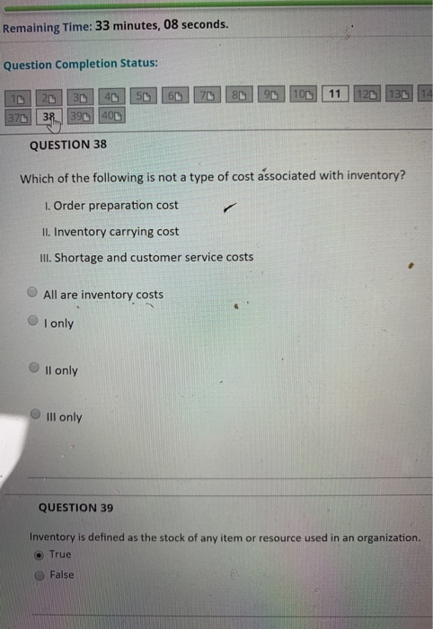  Remaining Time: 33 minutes, 08 seconds. Question Completion Status: 370 38