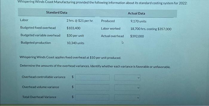  Whispering Winds Coast applies fixed overhead at $10 per unit produced.