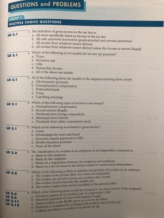  QUESTIONS and PROBLEMS GROUP MULTIPLE CHOICE QUESTIONS LO 2.1 LO 2.1