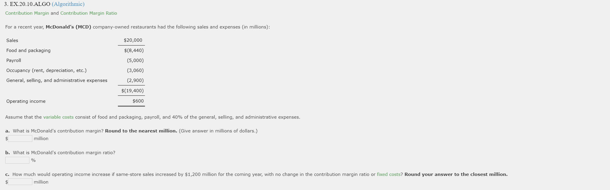 3. EX.20.10.ALGO (Algorithmic) Contribution Margin and Contribution Margin Ratio For a