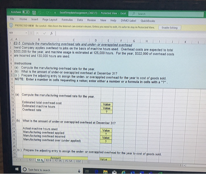  AutoSave O u Excel Template Assignment cho2 (1) . Protected View