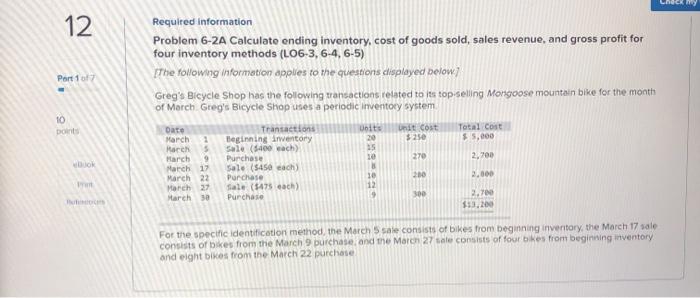  LOR 12 Port 17 Required information Problem 6-2A Calculate ending inventory,