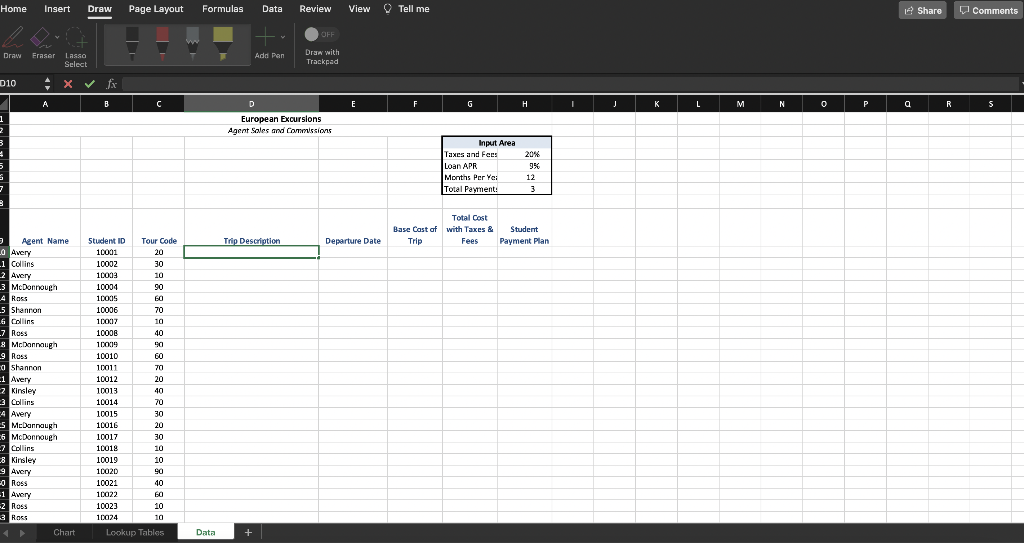 c. Click the Lookup Table worksheet, Assign the range name tours to