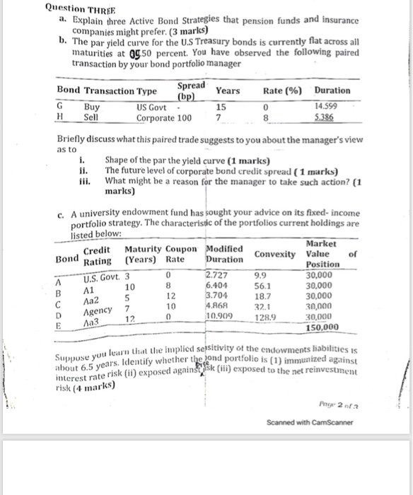  Question THREE Buy a. Explain three Active Bond Strategies that pension