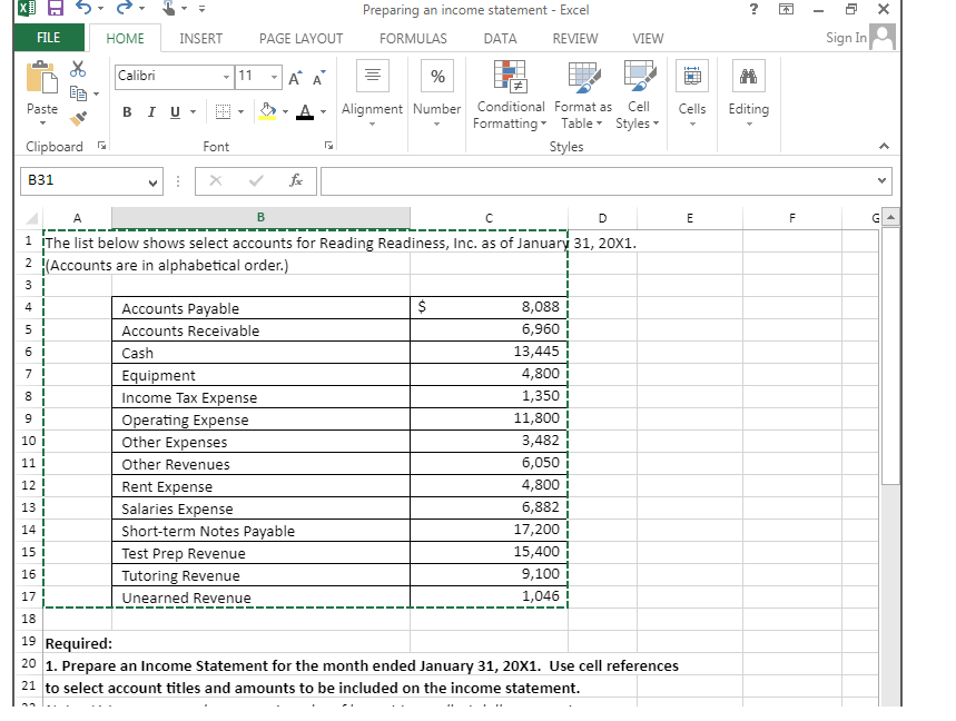  x H 5 Preparing an income statement - Excel ? -