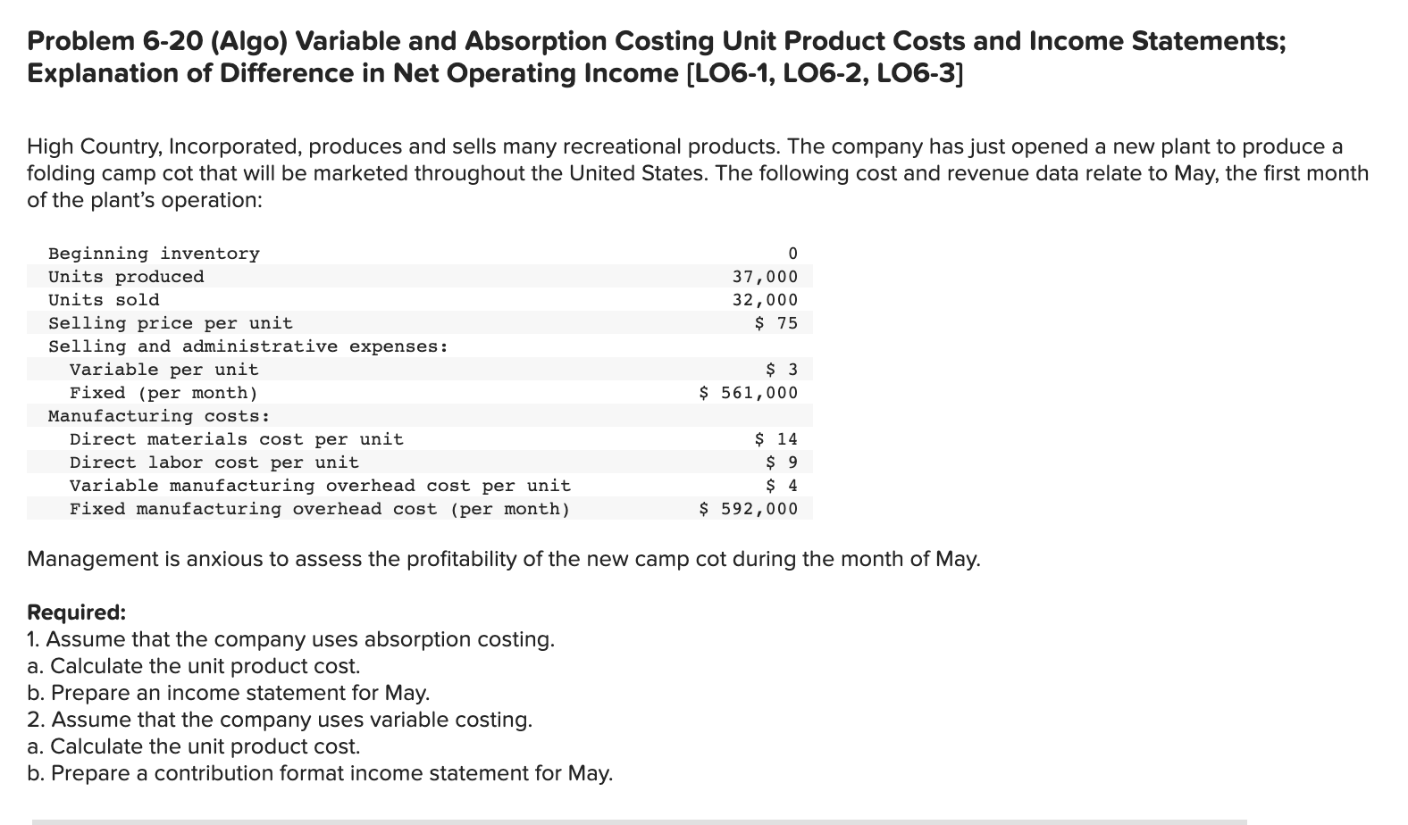  Problem 6-20 (Algo) Variable and Absorption Costing Unit Product Costs and