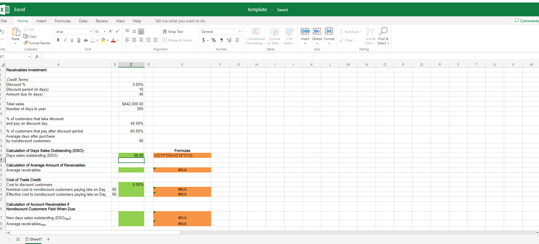  X Excel template - Saved File Home Insert Formulas Data Review