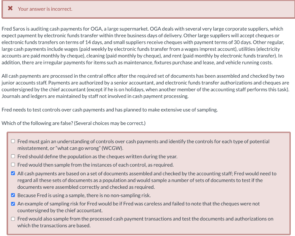 * Your answer is incorrect. Fred Saros is auditing cash payments
