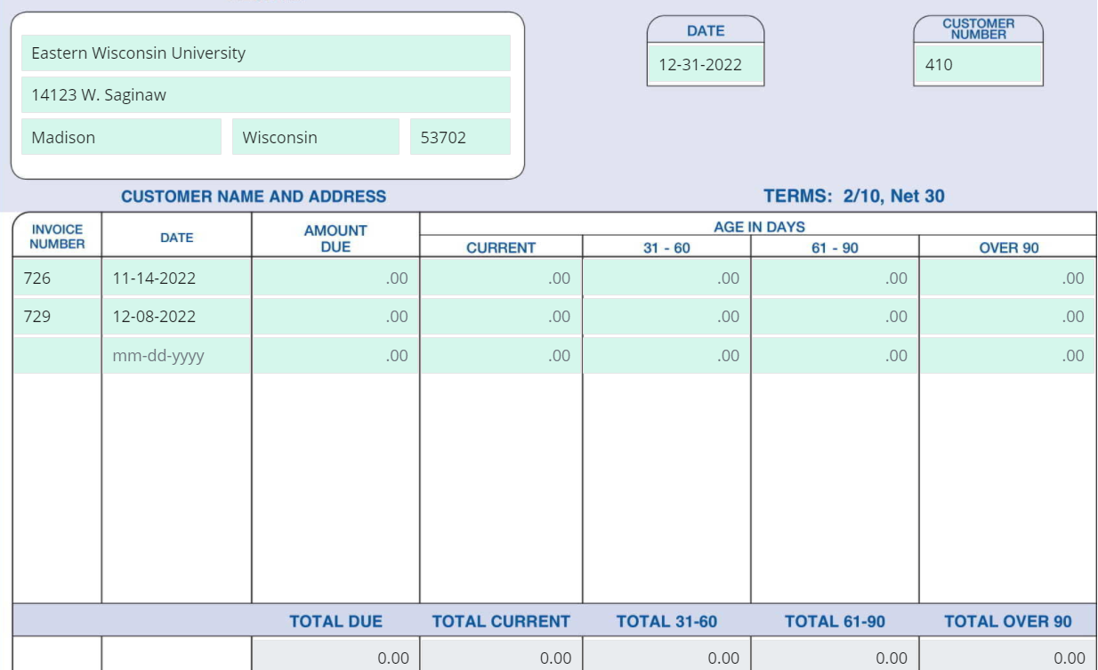 in account receivable subsidiary ledger? V 410 EASTERN WISCONSIN UNIVERSITY 14123 W.