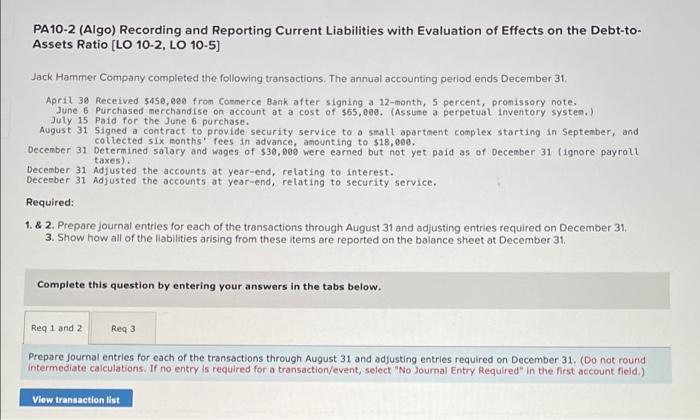 please solve thank u PA10-2 (Algo) Recording and Reporting Current Liabilities with