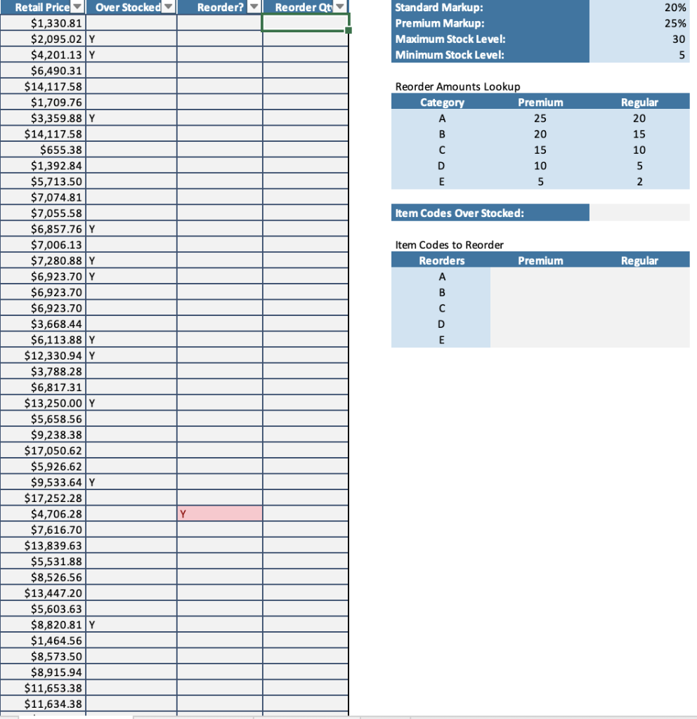 0 In column calculate the number of items to reorder if a