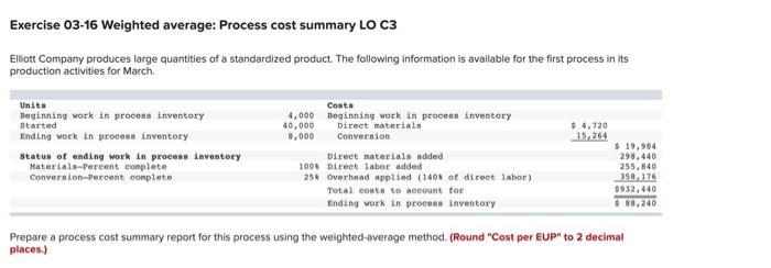  Exercise 03-16 Weighted average: Process cost summary LO C3 Elliott Company