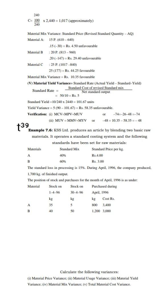  240 C= 100 x 2,440 = 1,017 (approximately) 240 Material Mix