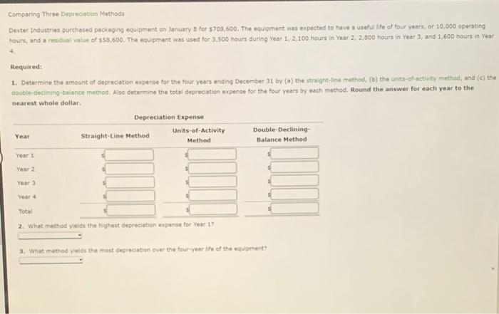  Comparing Three Depreciation Methods Dexter Industries purchased packaging equipment on January