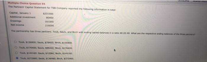  LALCULATOR Multiple Choice Question 94 The Partners' Capital Statement for TSB
