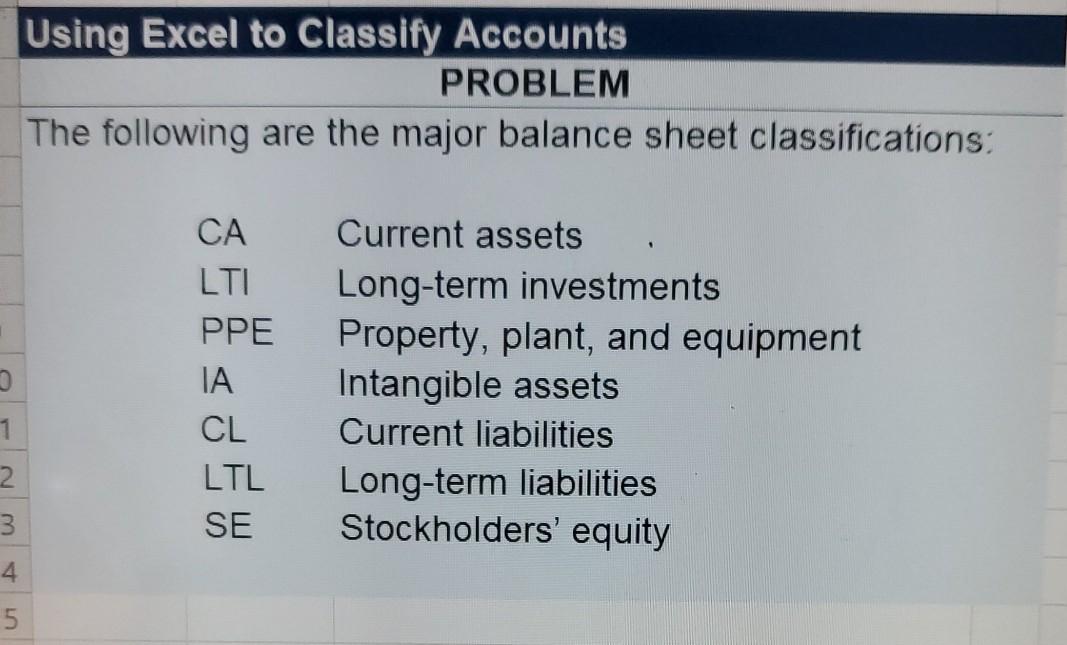  Using Excel to Classify Accounts PROBLEM The following are the major
