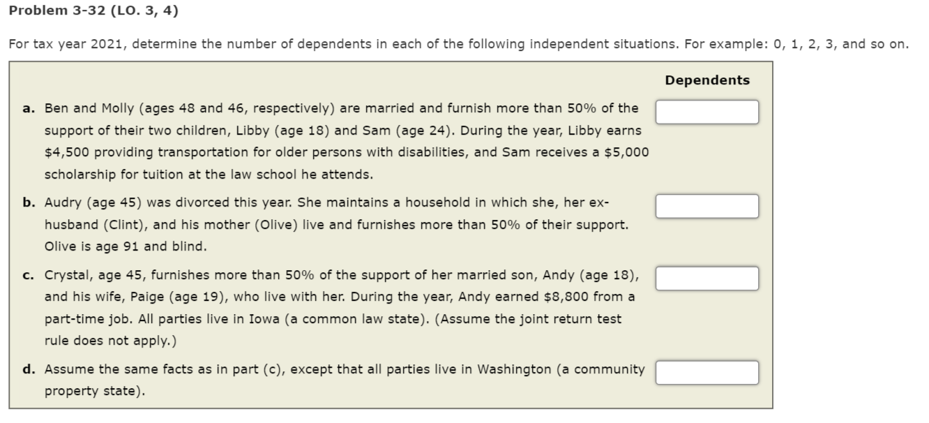  Problem 3-32 (LO. 3, 4) For tax year 2021, determine the