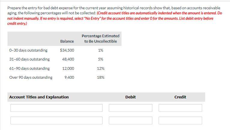  Prepare the entry for bad debt expense for the current year