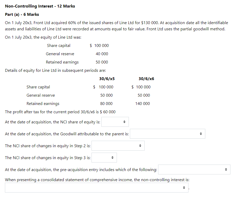 Non-Controlling Interest - 12 Marks Part (a) - 6 Marks On