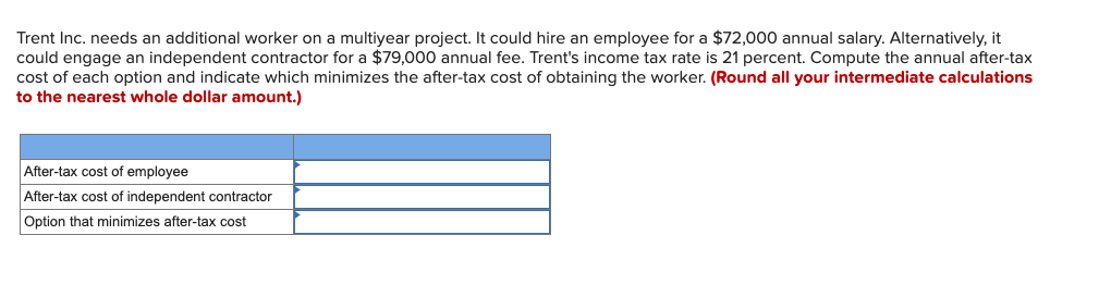  Trent Inc. needs an additional worker on a multiyear project. It
