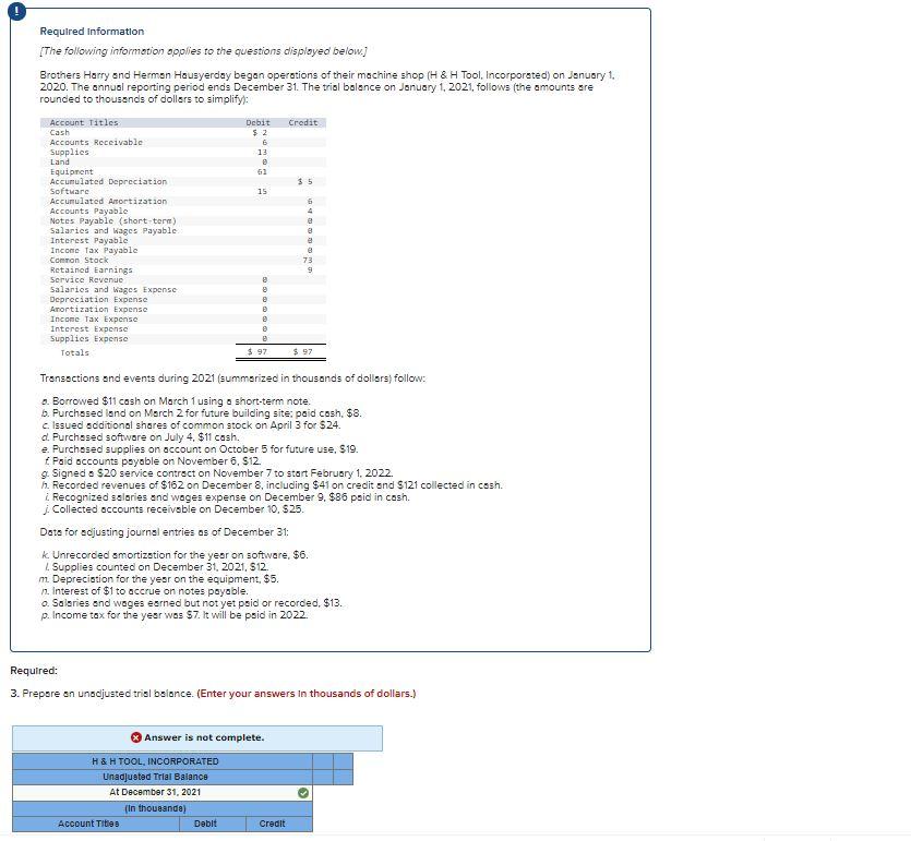 unadjusted trial balonce. (Enter your answers in thousands of dollars.) Answer is