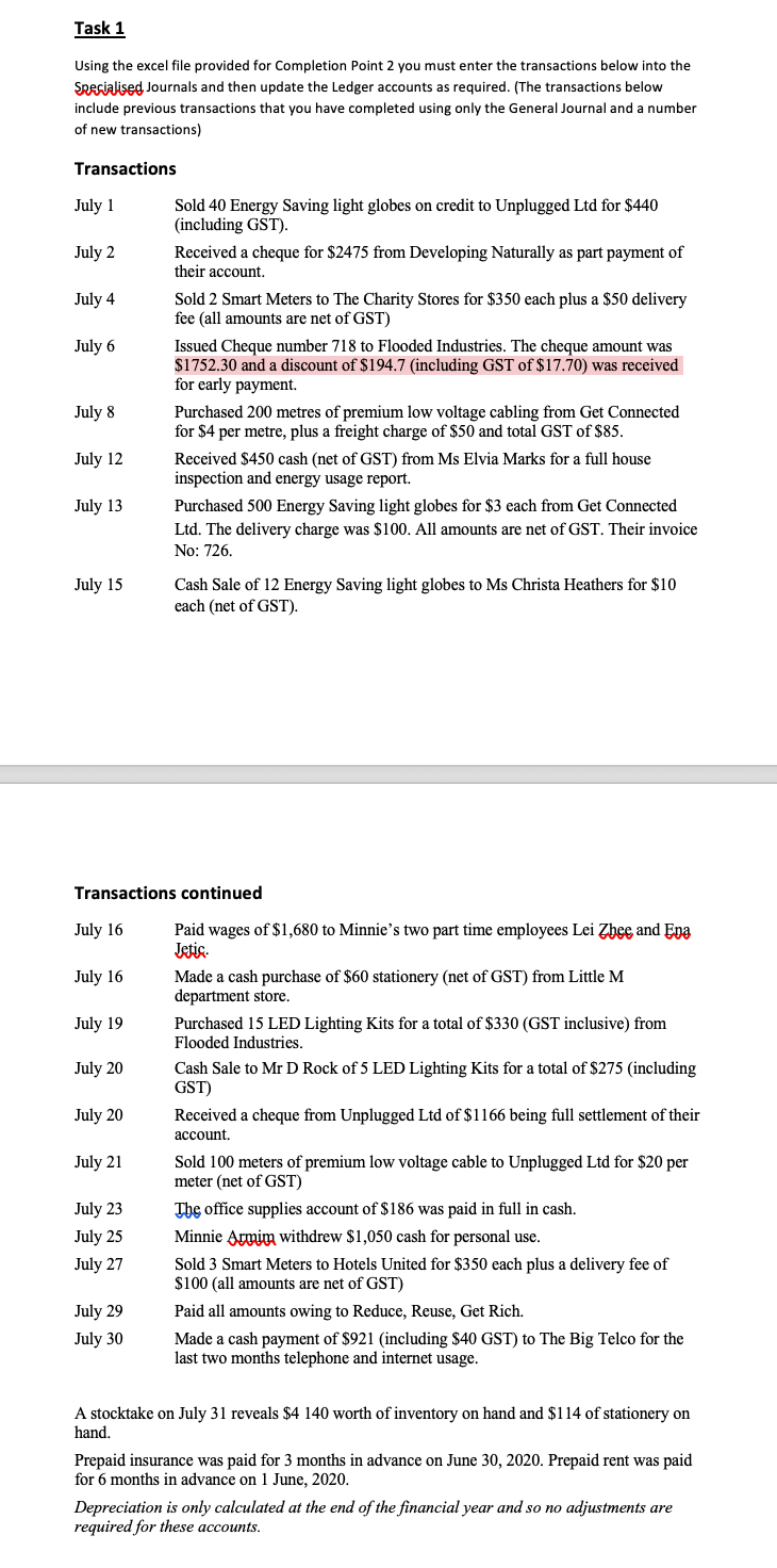 Task 1 Using the excel file provided for Completion Point 2