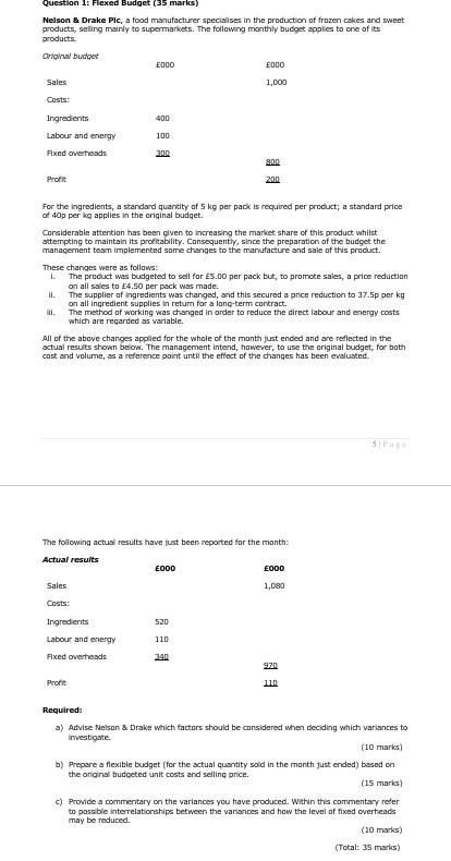 Question 1: Flexed Budget (35 marks) Nelson & Drake Plc, a