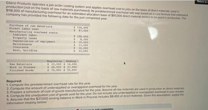  Return to Gitano Products operates a job-order costing system and applies