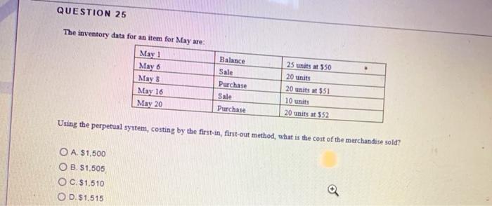  QUESTION 25 The inventory data for an item for May are: