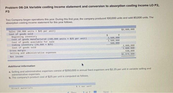  Problem 06-2A Variable costing Income statement and conversion to absorption costing