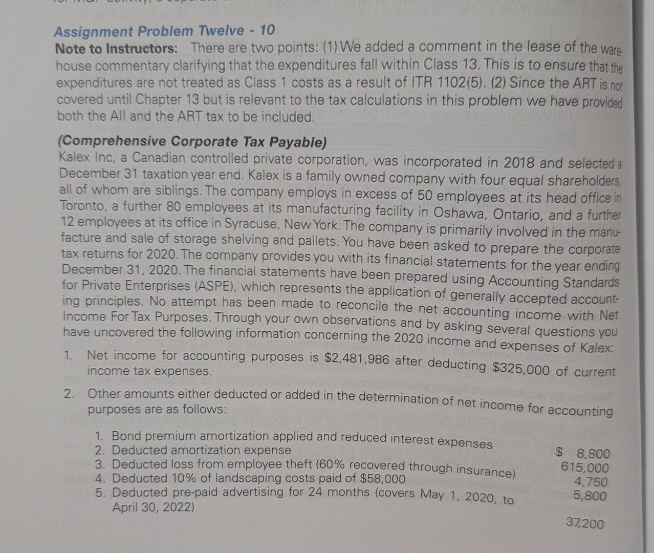  Assignment 12-10 Assignment Problem Twelve - 10 Note to Instructors: There