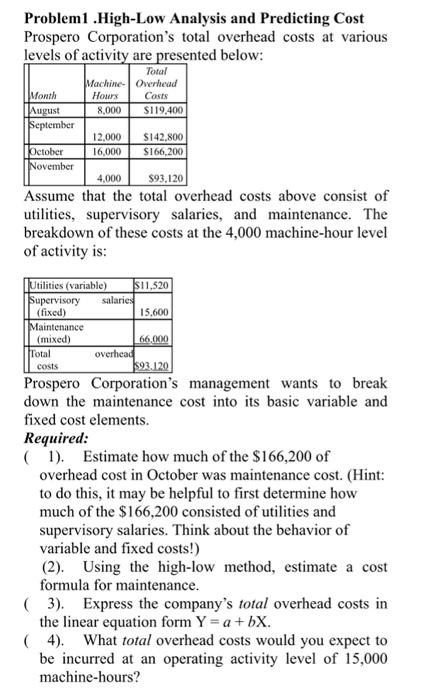 please provide correct answer for problem 1 Problem1 .High-Low Analysis and Predicting