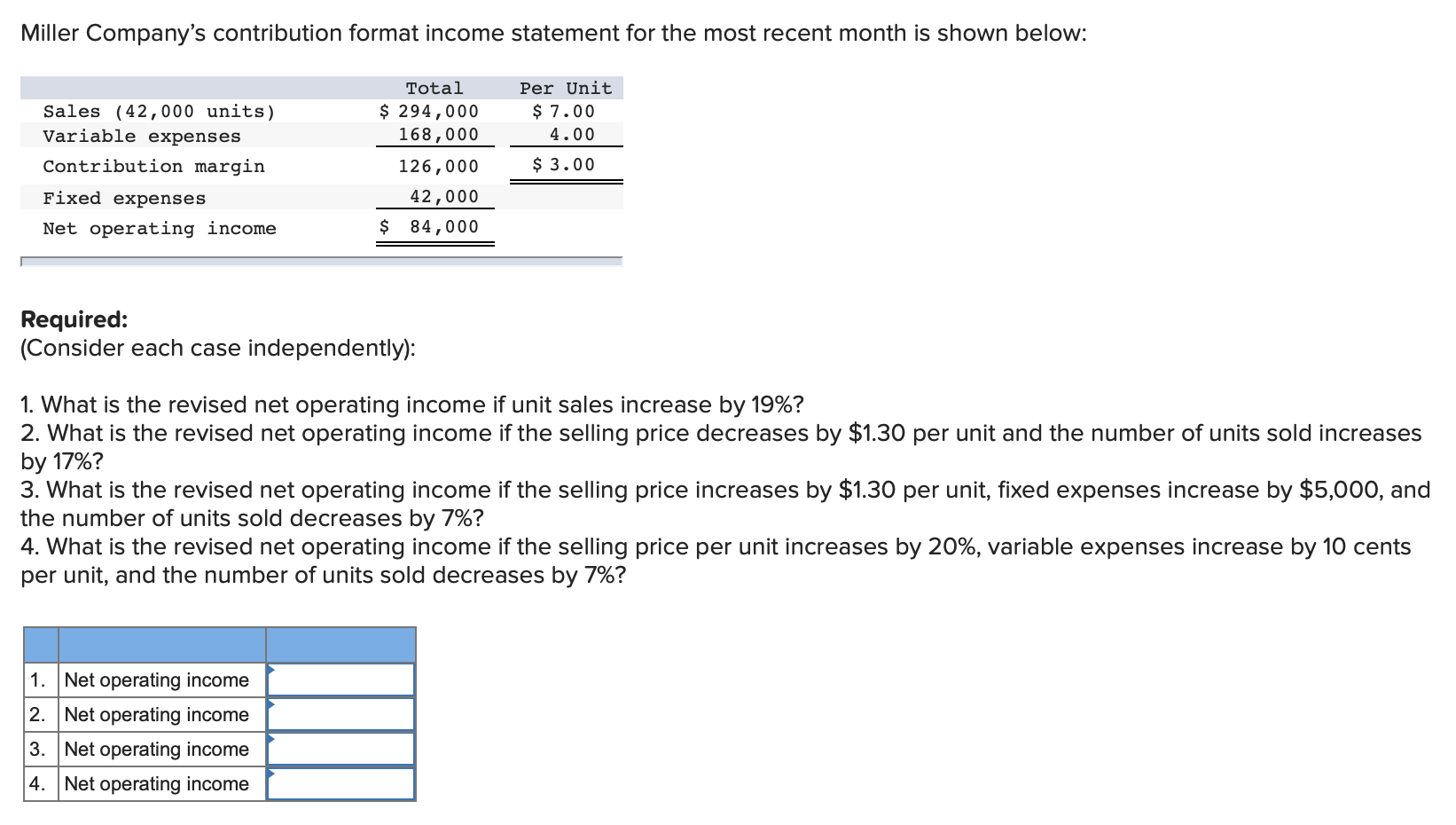  Miller Company's contribution format income statement for the most recent month