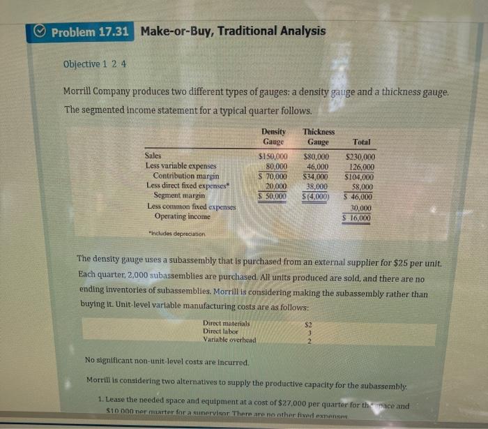  Problem 17.31 Make-or-Buy, Traditional Analysis Objective 1 2 4 Morrill Company