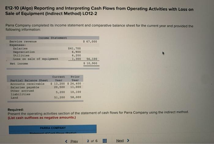  E12-10 (Algo) Reporting and Interpreting Cash Flows from Operating Activities with