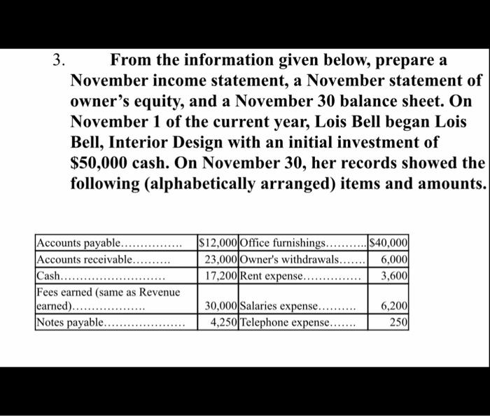  From the information given below, prepare a November income statement, a