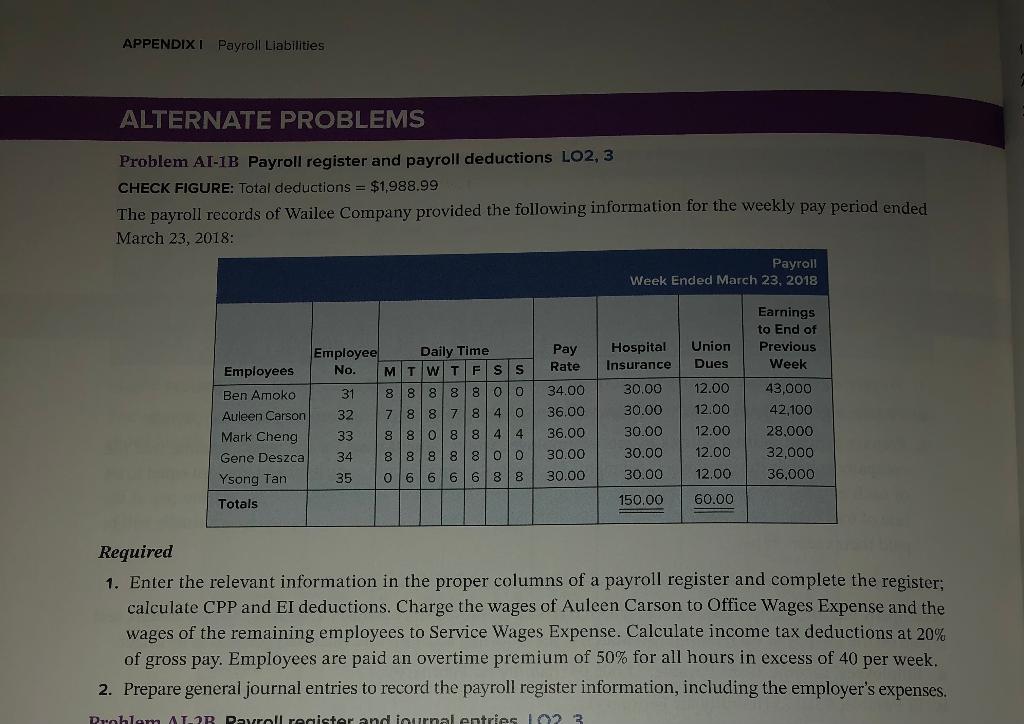  APPENDIXI Payroll Liabilities ALTERNATE PROBLEMS Problem AI-1B Payroll register and payroll