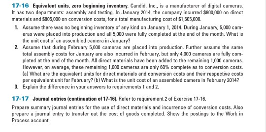  17-16 Equivalent units, zero beginning inventory. Candid, Inc., is a manufacturer