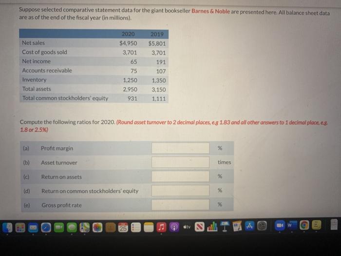 suppose selected comparative statement data for the giant bookseller barnes and noble