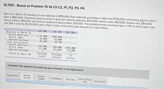  GL1501 - Based on Problem 15-1A LO C2, P1, P2, P3,