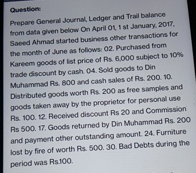  Question: Prepare General Journal, Ledger and Trail balance from data given