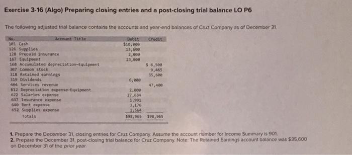 ? Exercise 3-16 (Algo) Preparing closing entries and a post-closing trial balance