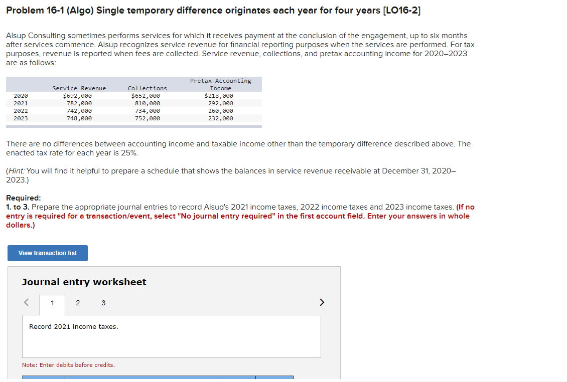  Problem 16-1 (Algo) Single temporary difference originates each year for four