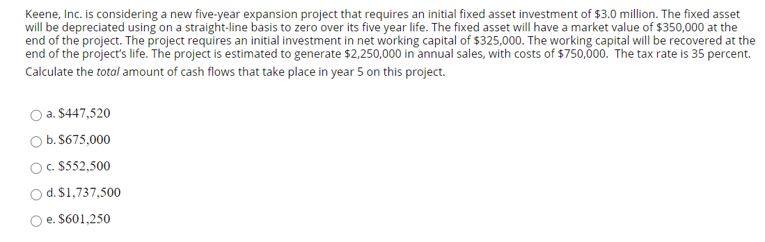  Keene, Inc. is considering a new five-year expansion project that requires
