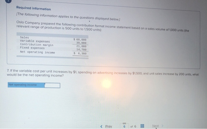 the questions displayed below. Oslo Company prepared the following contribution format income