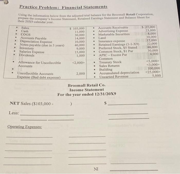  Practice Problem: Financial Statements Using the information below from the ndjusted