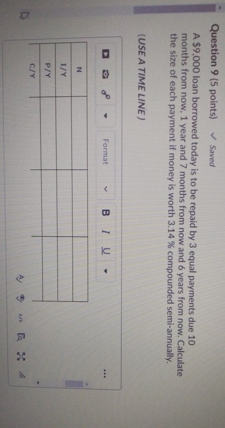 Question 9 (5 points) Saved A $9,000 loan borrowed today is