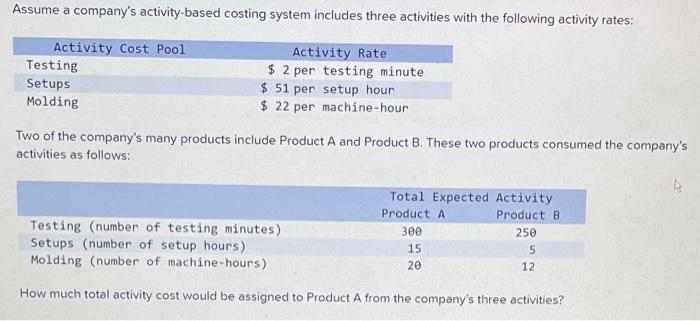  Assume a company's activity-based costing system includes three activities with the